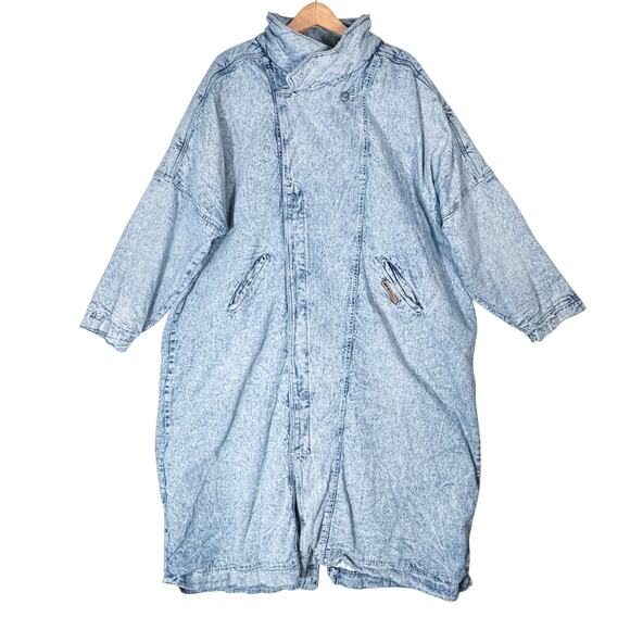 Vintage Jackets & Blazers - Vintage 80s Acid Wash Denim Cocoon Insulated Duster Maxi Coat, Baggy Streetwear